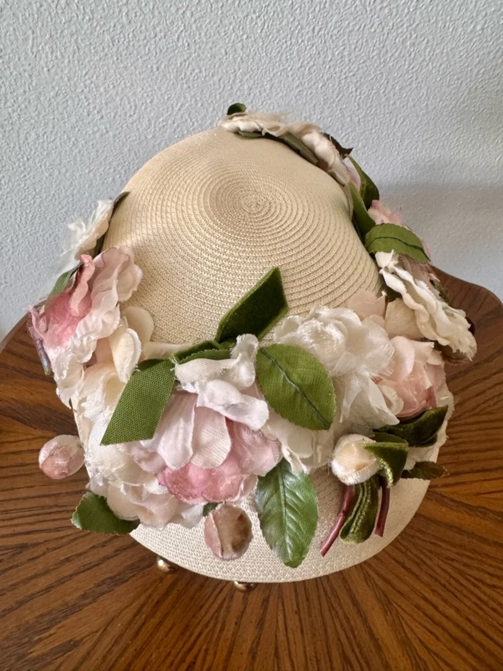 Vintage 1950s Cream millinery Hat with Pink and Green Flowers and Velvet Bow
